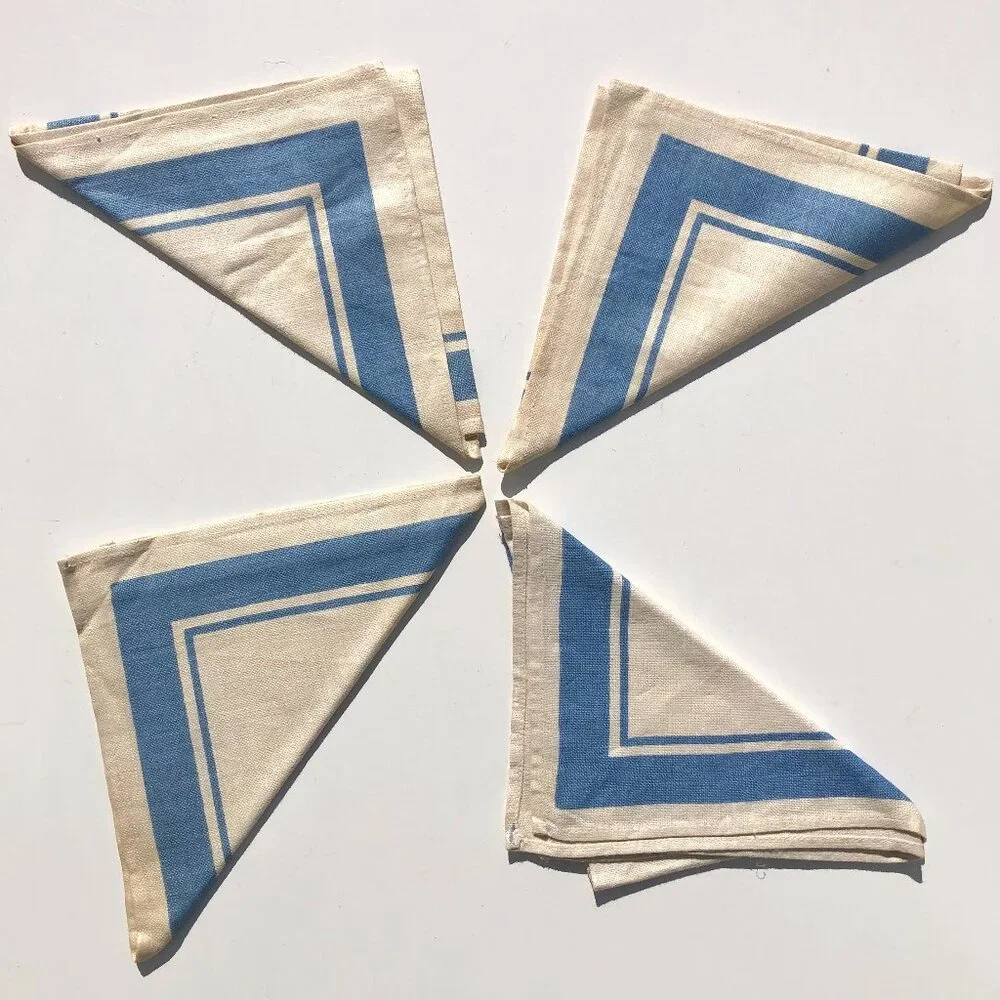 vintage Linen Napkins Cream with Blue Border 1950's set of 4 AS IS with stains